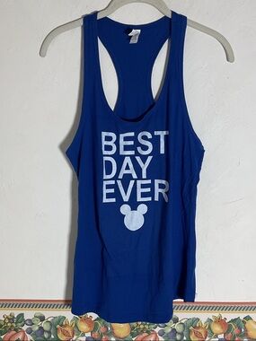 Next Level Disney BEST DAY EVER Graphic Racerback Tank Top Size L Royal Blue